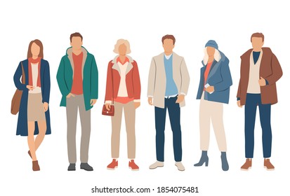 Set of young men and women standing in spring, autumn and winter outerwear of different colors. Cartoon character, silhouettes of people, students, flat icon design concept, isolated on white 