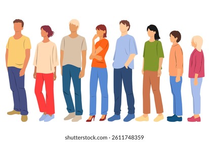  Set of young men, women and teenagers, different colors, cartoon character, group of silhouettes of standing business people, design concept of flat icon, isolated on white background