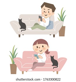 Set of young men and women who operate smartphones on the sofa