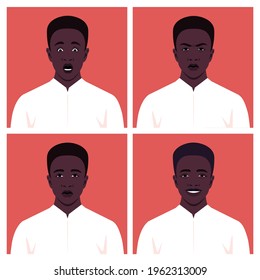 Set of young men's faces. Avatars of African guys. 
Different emotions: happiness, anger, sadness and fear. Vector illustration