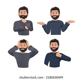 A set of young men's upper body with different facial expressions. Man showing like, gesture, sadness. Set of different emotions male 3D render character. Handsome man emoji with various facial.