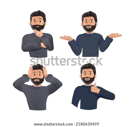 A set of young men's upper body with different facial expressions. Man showing like, gesture, sadness. Set of different emotions male 3D render character. Handsome man emoji with various facial.