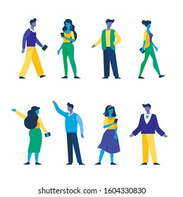 Set of young modern violet people enjoying digital display technology isolated on white. Collection of casual man and woman in bright clothing using smartphone vector flat illustration