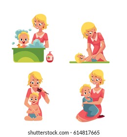 Set of young mother washing baby in bath, putting diaper on, combing hair, drying with towel, cartoon vector illustration isolated on white background. Mother washing, bathing caring baby, kid