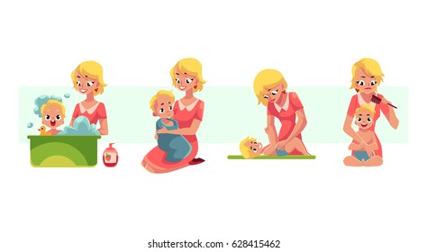 Set of young mother washing baby in bath, putting diaper on, combing hair, drying with towel, cartoon vector illustration isolated on white background. Mother washing, bathing caring baby, kid