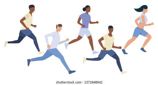Set of young multiethnic runners. Group of girls and boys jogging outdoors. Vector illustration can be used for presentation, brochure, activity