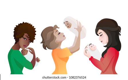 Set of young multinational mothers with babies