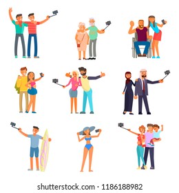 Set of young and old people, couples making photo selfie. Vector illustration eps 10