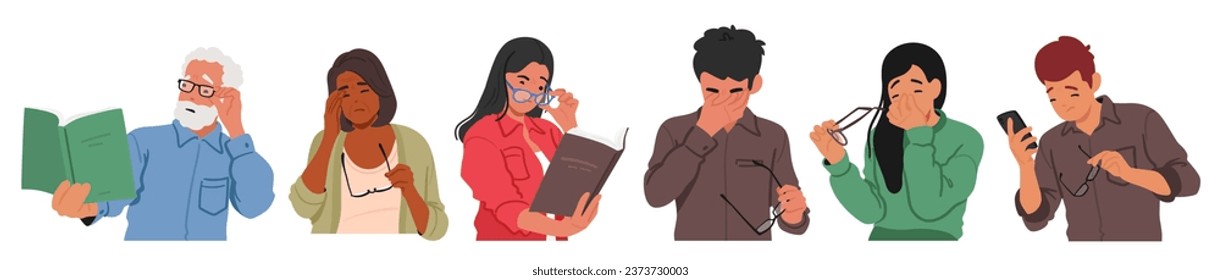 Set of Young and Old People with Tired or Sick Eyes. Male and Female Characters With Vision Problems Experience Blurred Vision, Difficulty Focusing, Or Reduced Eyesight. Cartoon Vector Illustration