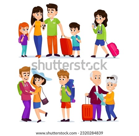 Set of young and old tourists isolated on white background. Collection of traveler characters with bags, luggage and equipment traveling on summer vacation. Cartoon vector illustration.