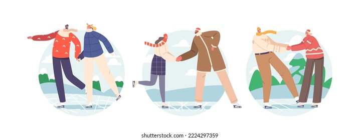 Set Young Pairs Wintertime Holidays and Christmas Vacation Fun on Ice Rink. Happy Loving Couples in Warm Clothes Skating Outdoors on Frozen Pond in Winter Park. Cartoon Vector Illustration