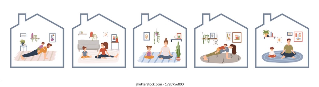 Set Of Young Parents With Kids Do Sport Activity At Cozy Home Scenes. Sport And Healthy Lifestyle, Workout Exercise. Yoga, Meditation With Kids, Family Time Concept. Flat Cartoon Vector Illustration.