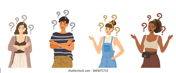 Set of young people acting a curious gesture with question mark over head. Concept of wondering, doubt person, thoughtful character, emotional expression. Flat vector illustration. Confused portrait.