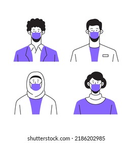 Set of young people avatar in medical masks