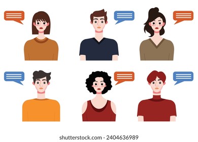 Set of young people avatars with speech bubbles. Vector illustration.
