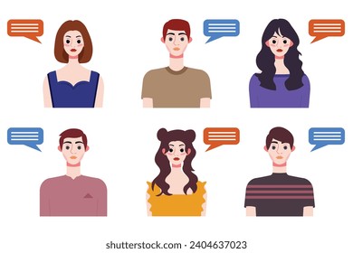 Set of young people avatars with speech bubbles. Vector illustration.