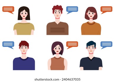 Set of young people avatars with speech bubbles. Vector illustration.