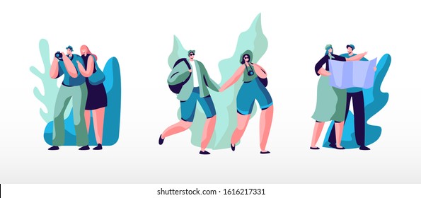 Set of Young People with Backpacks, Photo Camera and Maps Traveling Abroad. Travel Agency Service, Exotic Country Traveling Trip, Summertime Vacation. Active Lifestyle. Cartoon Vector Illustration