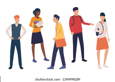 Set of young people with bag and books. Collection of university students walking on campus. Vector illustration can be used for commercial, promo, presentation