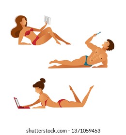 Set of young people in bathing suits with gadgets, reading lying on the beach. A woman with a book, a girl with a laptop, a man with a smartphone. Flat design, vector illustration.