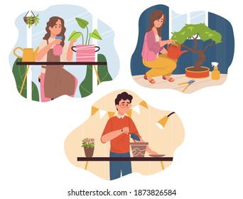 Set of young people care houseplants. Caring for indoor plants. Рobby and care concept. Cartoon character flat vector illustration.
