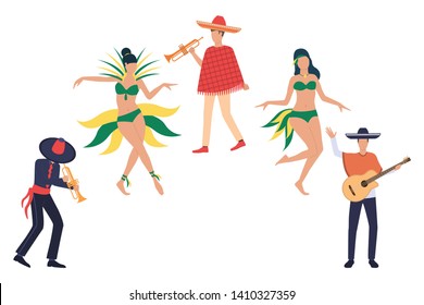 Set of young people in carnival costumes. Crowd celebrating holiday I Rio de Janeiro. Vector illustration for presentation, traveling project, banner