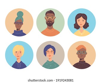 Set of young people charactar avatars with different hair, clothes, glasses. People have smiling faces. Trendy style illustration for icon, avatars, portrait design.