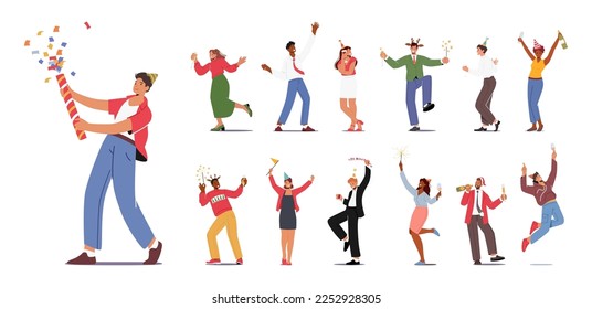 Set of Young People Characters Celebrate Party. Men and Women Holding Wine Glasses and Sparklers Celebrating Holiday, Drink Cocktail and Communicating on Festive Event. Cartoon Vector Illustration