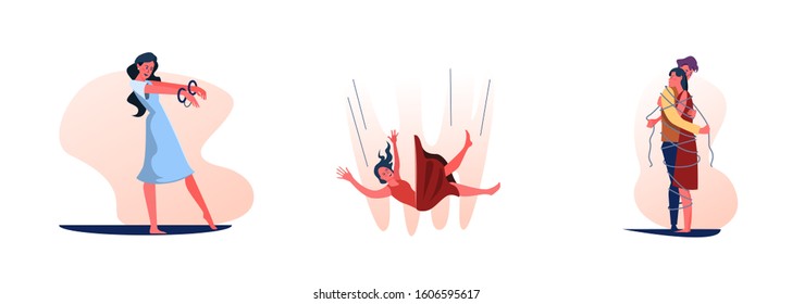Set of young people connected in relationship. Flat vector illustrations of women with handcuffs, falling down. Relationship concept for banner, website design or landing web page