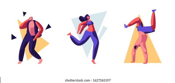 Set of Young People Dancing on Disco Party. Men and Women in Fashioned Clothing Celebrating Holiday, Spending Time Moving to Music Rhythm, Happy Leisure and Sparetime. Cartoon Flat Vector Illustration