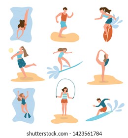 Set of young people at different beach activities summer sport