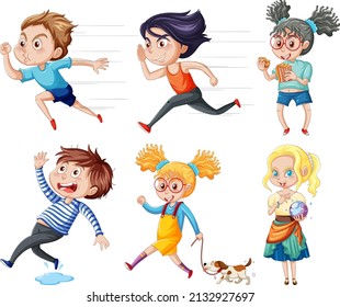 Set of young people doing different actions illustration