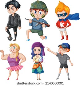 Set of young people doing different actions illustration