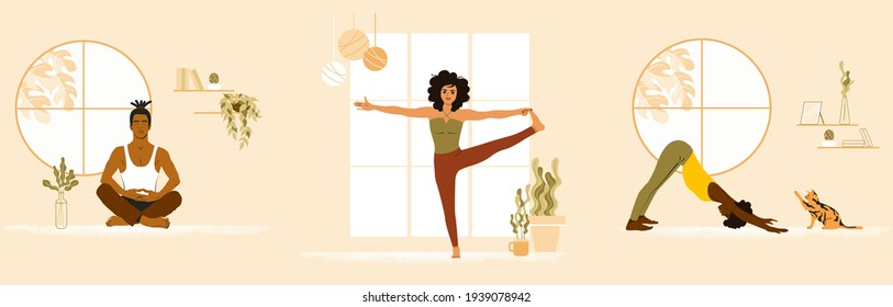 Set of young people doing yoga at home. African American woman, Asian man and white girl at yoga class. Flat vector illustration svg