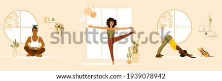 Set of young people doing yoga at home. African American woman, Asian man and white girl at yoga class. Flat vector illustration