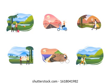 Set of young people enjoying active leisure. Flat vector illustrations of people finding locations, riding scooter. Recreation, hiking concept for banner, website design or landing web page