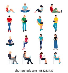 Set of young people in a flat style isolated on a white background. Flat men and women read using tablet pc and laptops. Set of European students in different poses. Vector illustration.