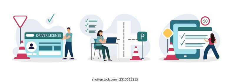 Set of young people getting driver license. Lady sitting near laptop and learning rules at school. Woman looking at road signs and answers questions, passing test. Flat vector illustration