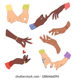Set of young people hands isolated background. Group of Lovers hands with raised for valentines day celebration or friend, community concept. Flat cartoon illustration of men and women arms.