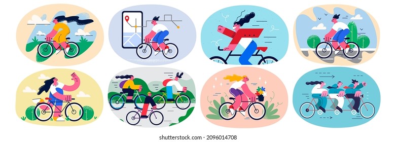 Set of young people have fun relax riding bicycle on weekend. Bundle of diverse men or women rest do sports physical activity enjoy bike ride outdoors. Leisure and hobby. Vector illustration. 