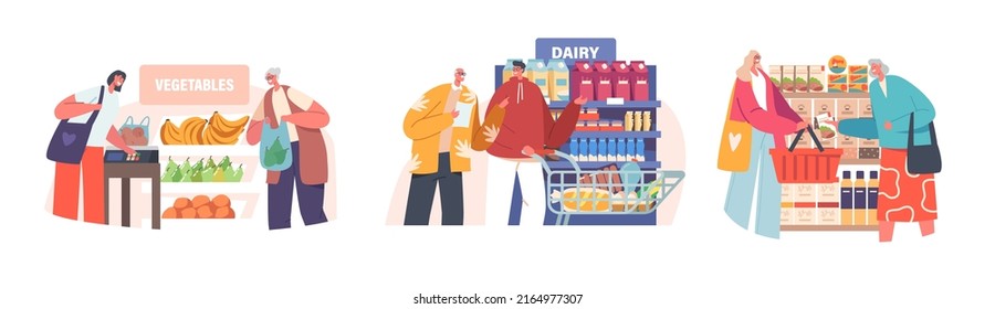 Set Young People Help Elderly Characters Shopping in Grocery Store. . Kind Selfless Volunteers Support Pensioners, Assist Aged Men and Women to Buy Products in Shop. Cartoon Vector Illustration