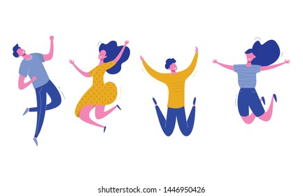 Set of young people jumping on white background. Stylish modern vector illustration with happy male and female characters, teenagers, students. Party, sport, dance and friendship team concept