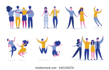 Set of young people jumping on white background. Stylish modern vector illustration with happy male and female characters, teenagers, students. Party, sport, dance and friendship team concept