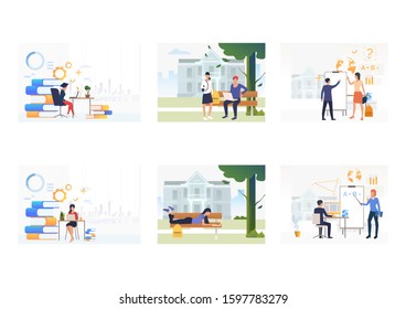 Set of young people learning, preparing. Flat vector illustrations of students learning at universities. Education, knowledge concept for banner, website design or landing web page