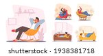 Set of Young People Listen Sound Composition on Music Player or Mobile Phone Application. Male and Female Characters Wearing Headphones Enjoying Melodies and Relax. Cartoon People Vector Illustration