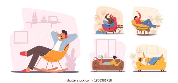 Set of Young People Listen Sound Composition on Music Player or Mobile Phone Application. Male and Female Characters Wearing Headphones Enjoying Melodies and Relax. Cartoon People Vector Illustration - Shutterstock ID 1938381718