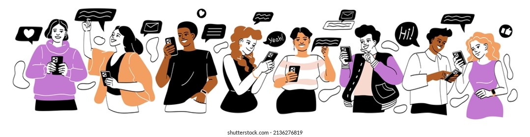 Set of young people look at smartphones and chat. Smiling Men and women communicate with friends on social networks. Online messaging. Cartoon flat vector collection isolated on white background