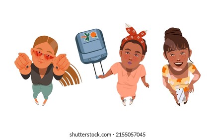 Set of young people looking up. View from above of happy teenage girls cartoon vector illustration