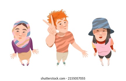 Set of young people looking up. View from above of teenage boy and girl cartoon vector illustration