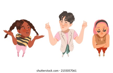Set of young people looking up. View from above of cheerful teenagers cartoon vector illustration